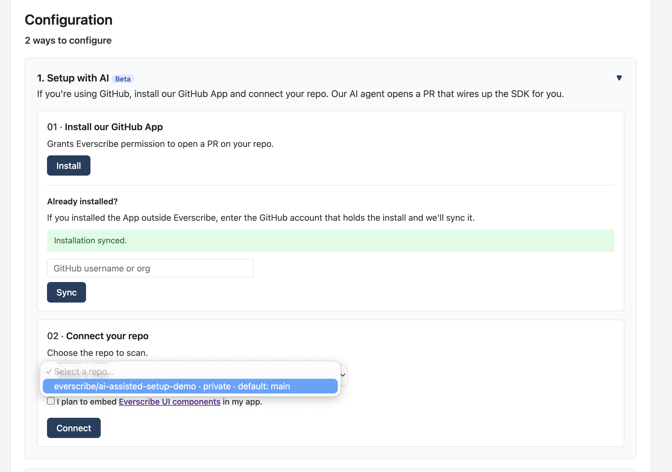 Installing the Everscribe GitHub App from the Configuration card; the same panel exposes an "Already installed?" sync row for accounts that previously installed it.