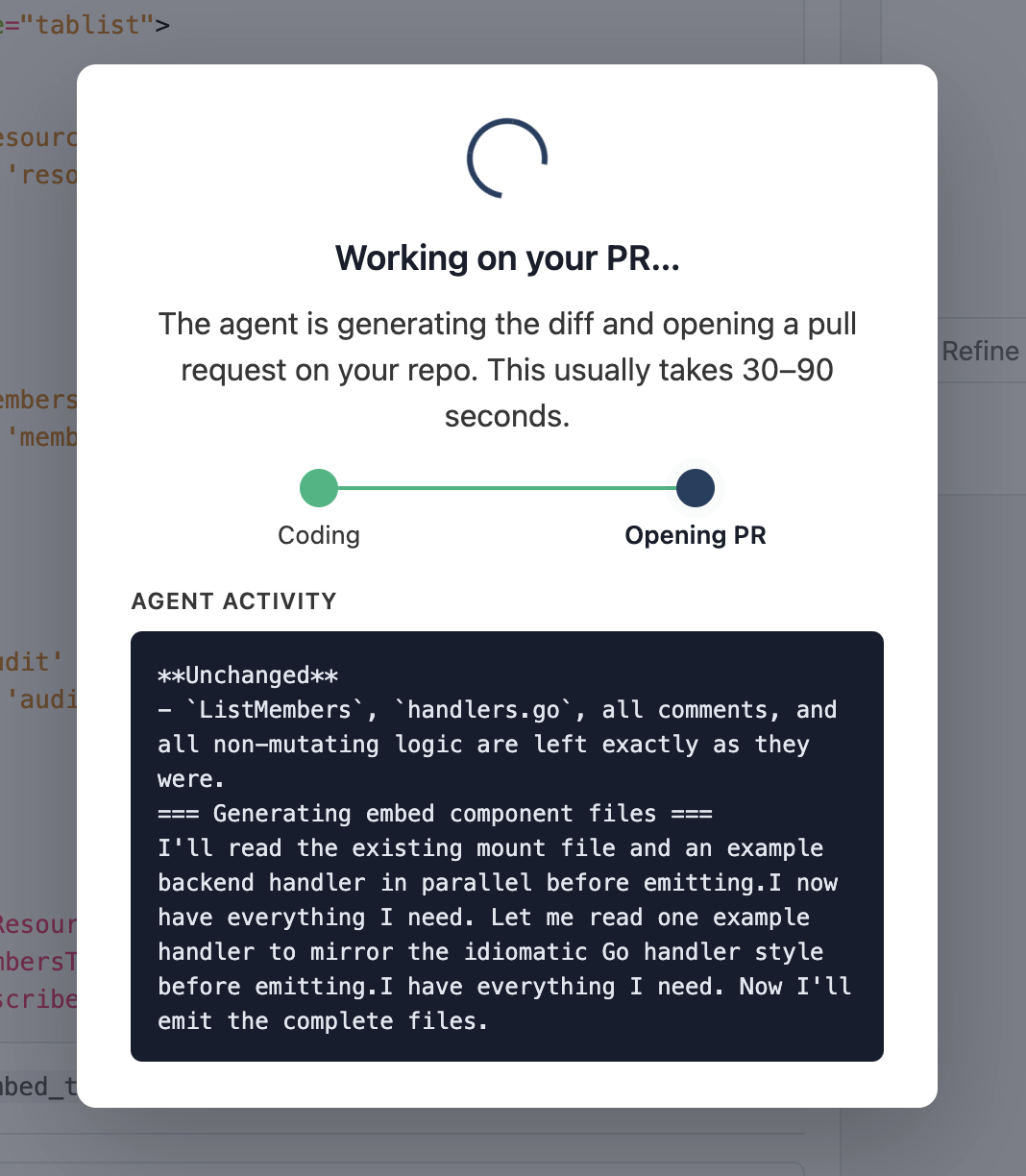 The Open PR modal with the "Opening PR" step active: Coding is complete-green, Opening PR is pulsing.