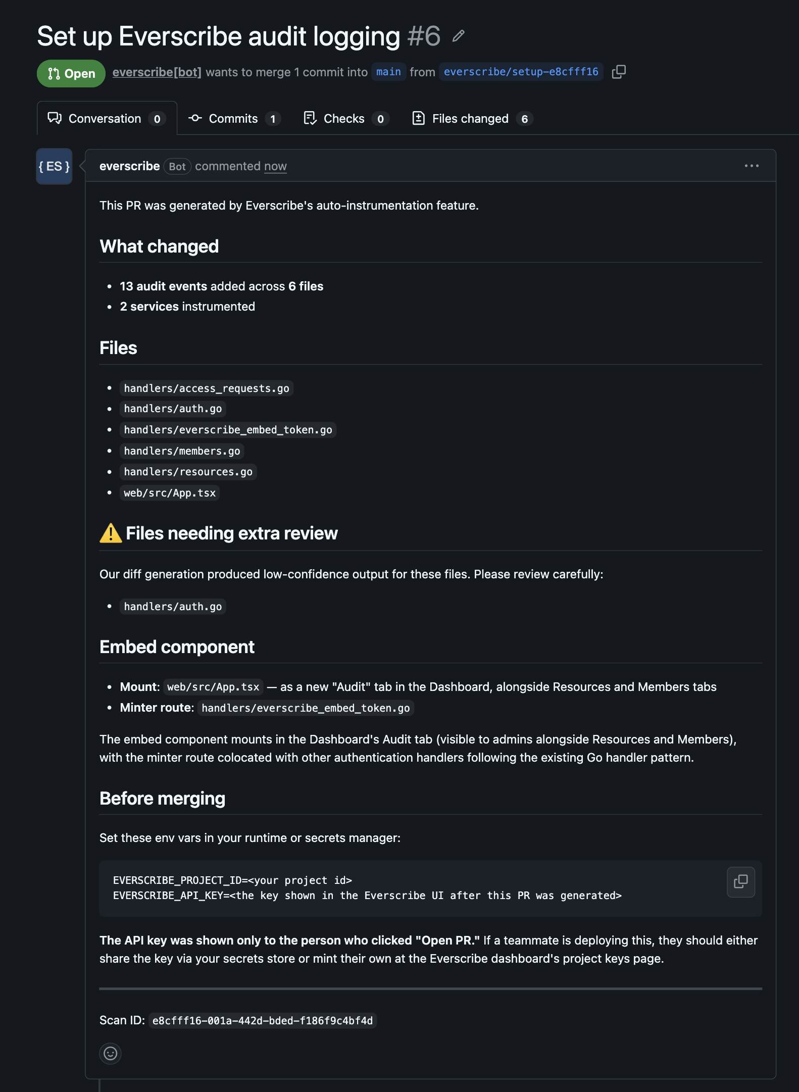 The pull request on GitHub: structured body with event names, tenant sources per handler, a low-confidence callout, and the file diff below.