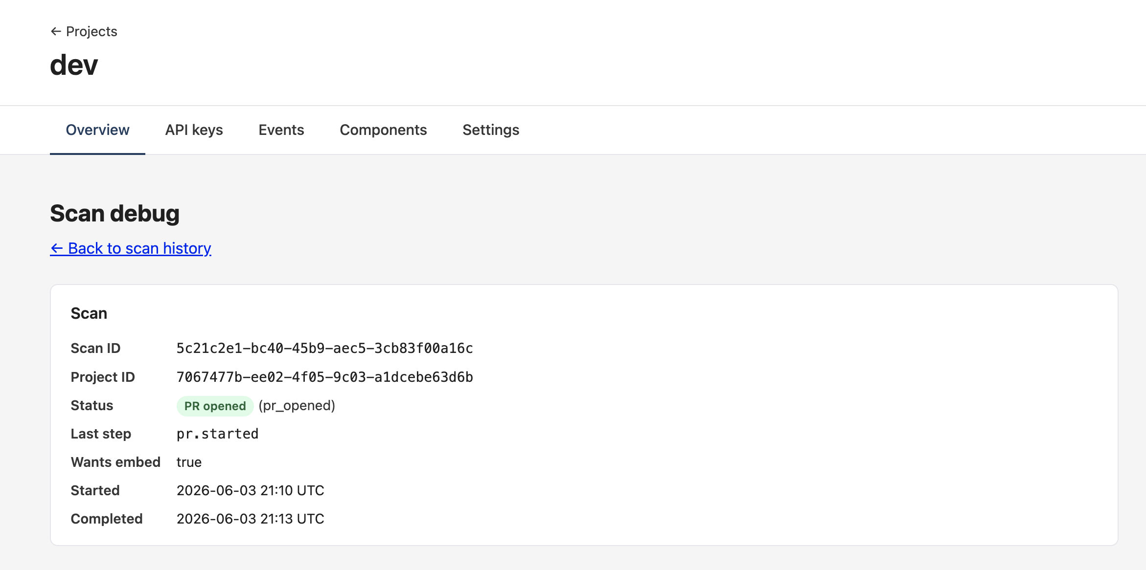 The scan debug page: a "Back to scan history" link at the top and a "Scan" card showing scan ID, project ID, status pill, last step, wants_embed flag, and started/completed timestamps.