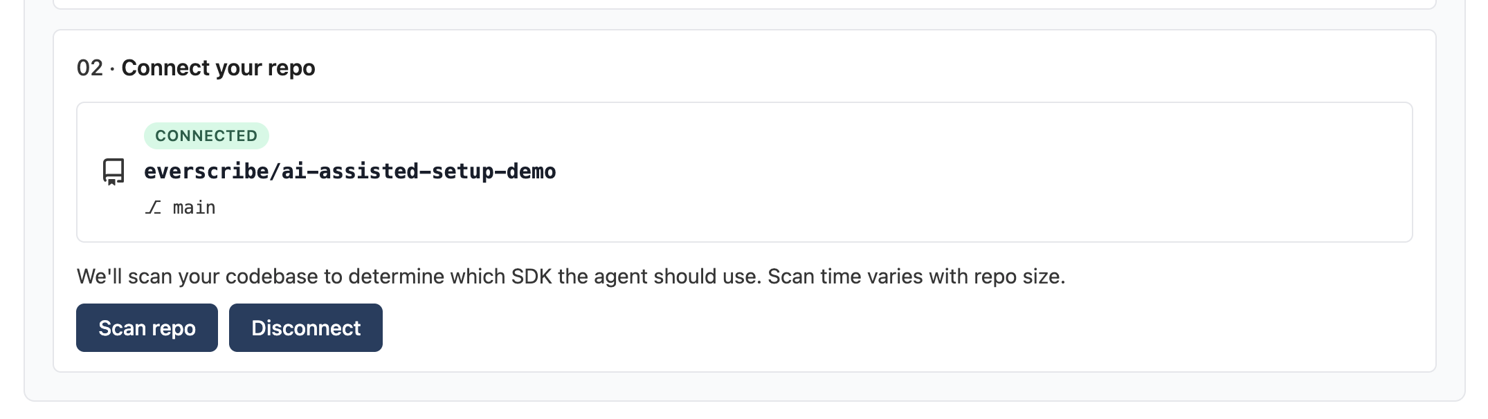 The "Connect your repo" step with a repo dropdown and an "I plan to embed Everscribe UI components" checkbox.