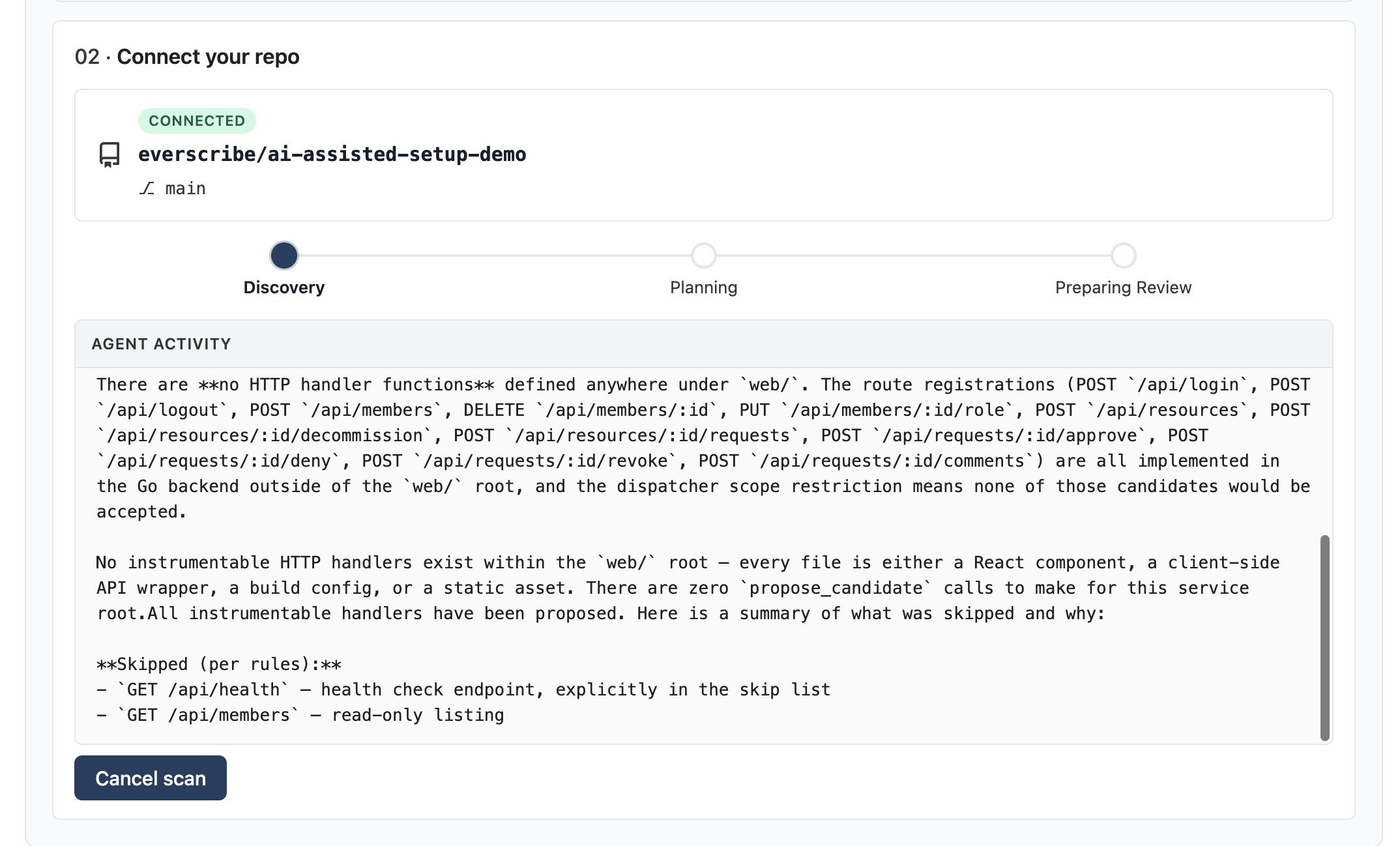 Discovery in progress: the stepper has Discovery pulsing blue, and the Agent activity log shows the model reading handler files in real time.