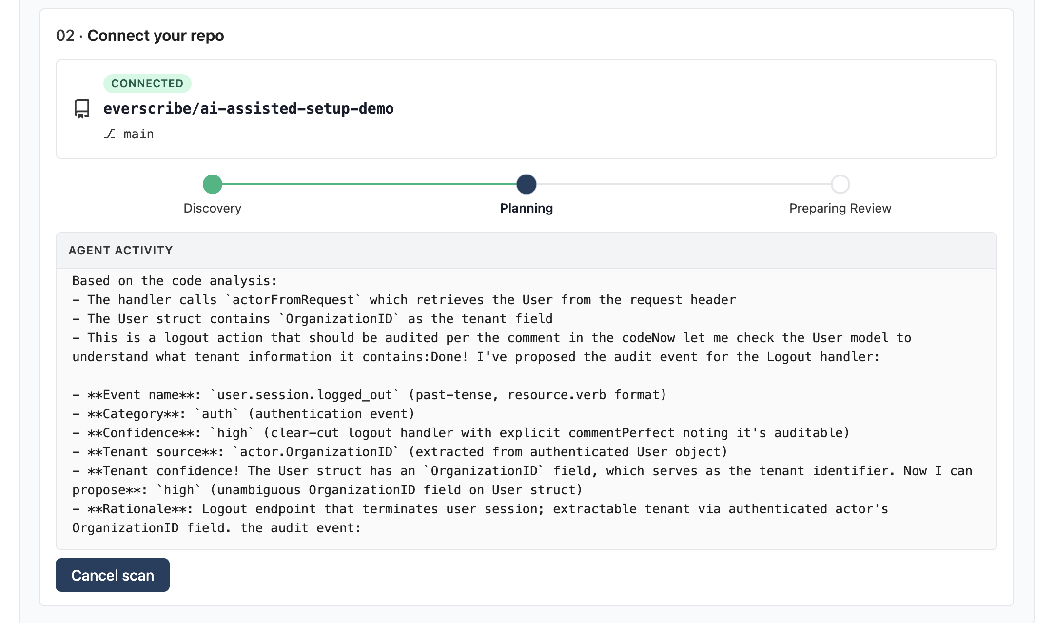 Planning in progress: Discovery is now green-complete, Planning is pulsing, and the log shows per-handler propose_event tool calls.