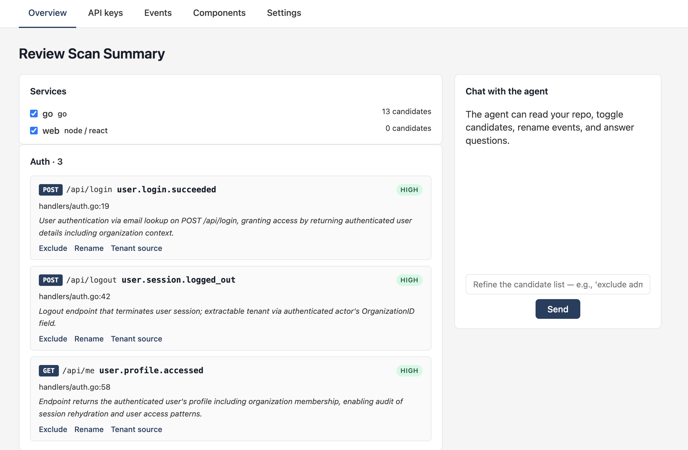 The review surface: candidate cards on the left grouped by Auth / Billing / Admin / Data, and a chat panel on the right.