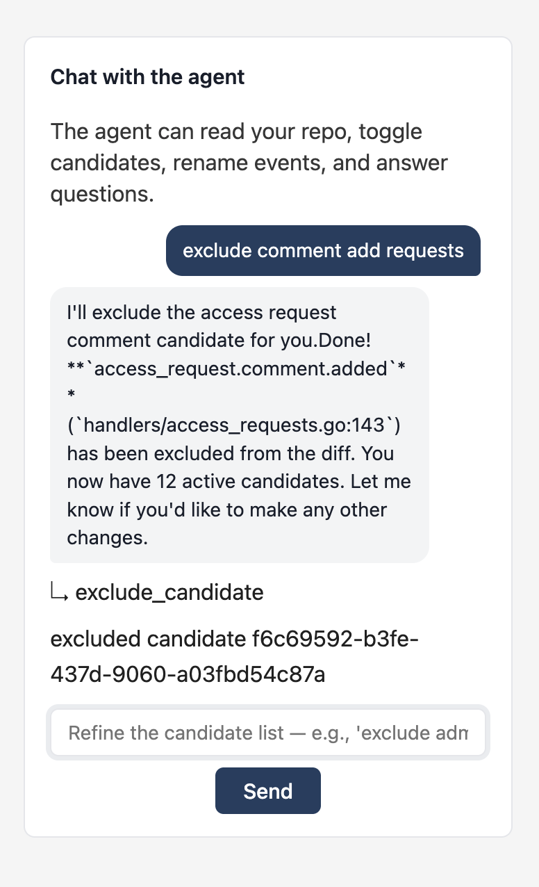 The chat pane: the user asks "Filter out admin handlers"; the agent confirms and the affected cards disappear from the candidate list.