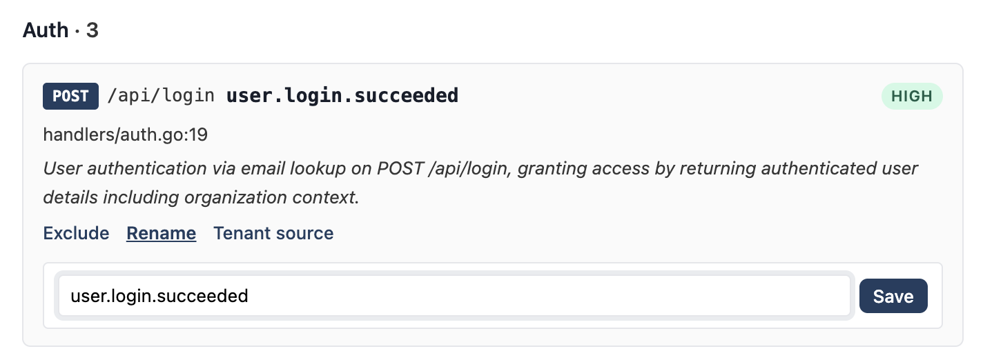 Inline rename form on a candidate card with the event name input expanded.