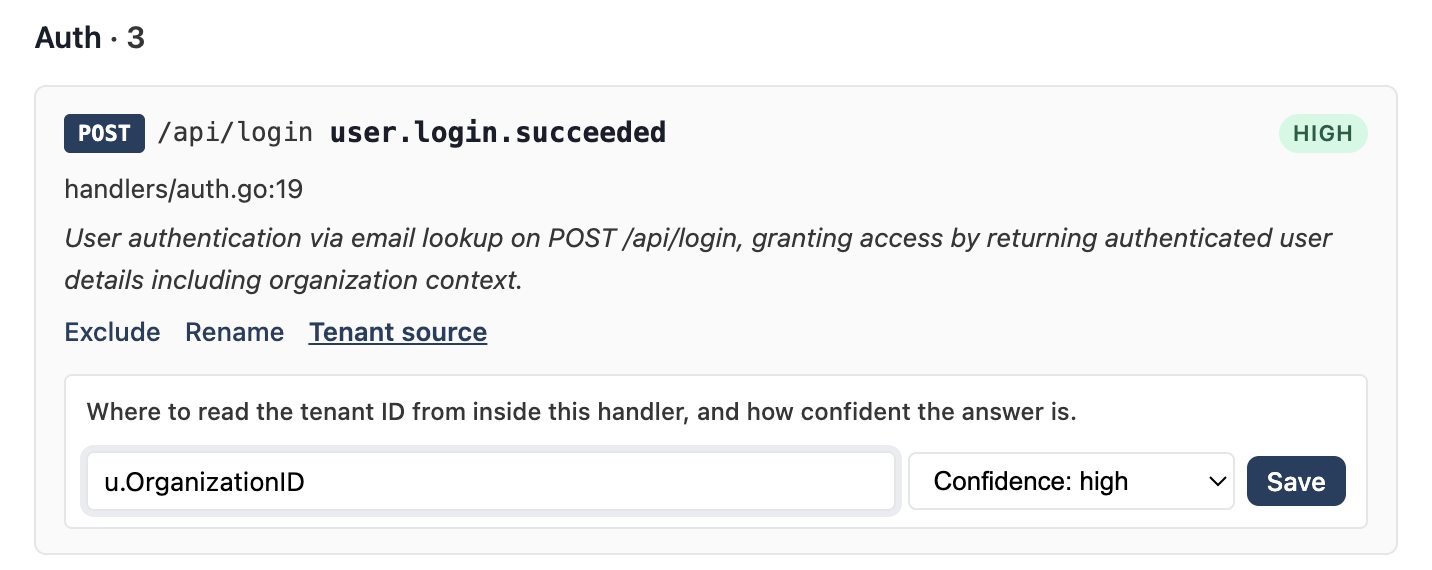 The Tenant source form expanded: a free-text expression input and a confidence dropdown (high / medium / low / unknown).