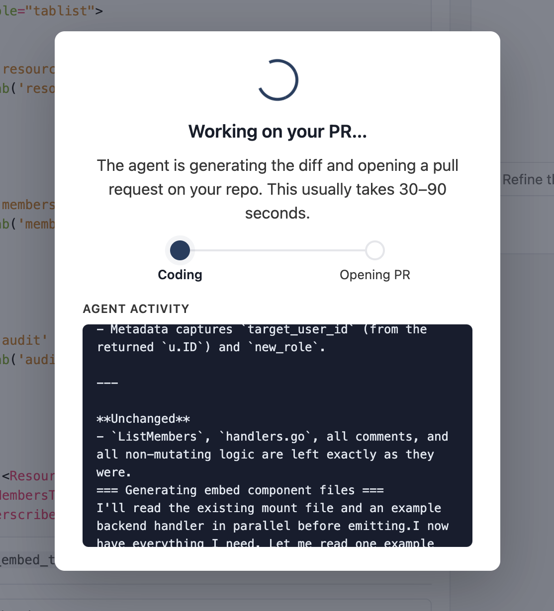 The Open PR modal with the "Coding" step active: a spinner above the stepper, the Coding dot pulsing, Opening PR pending.