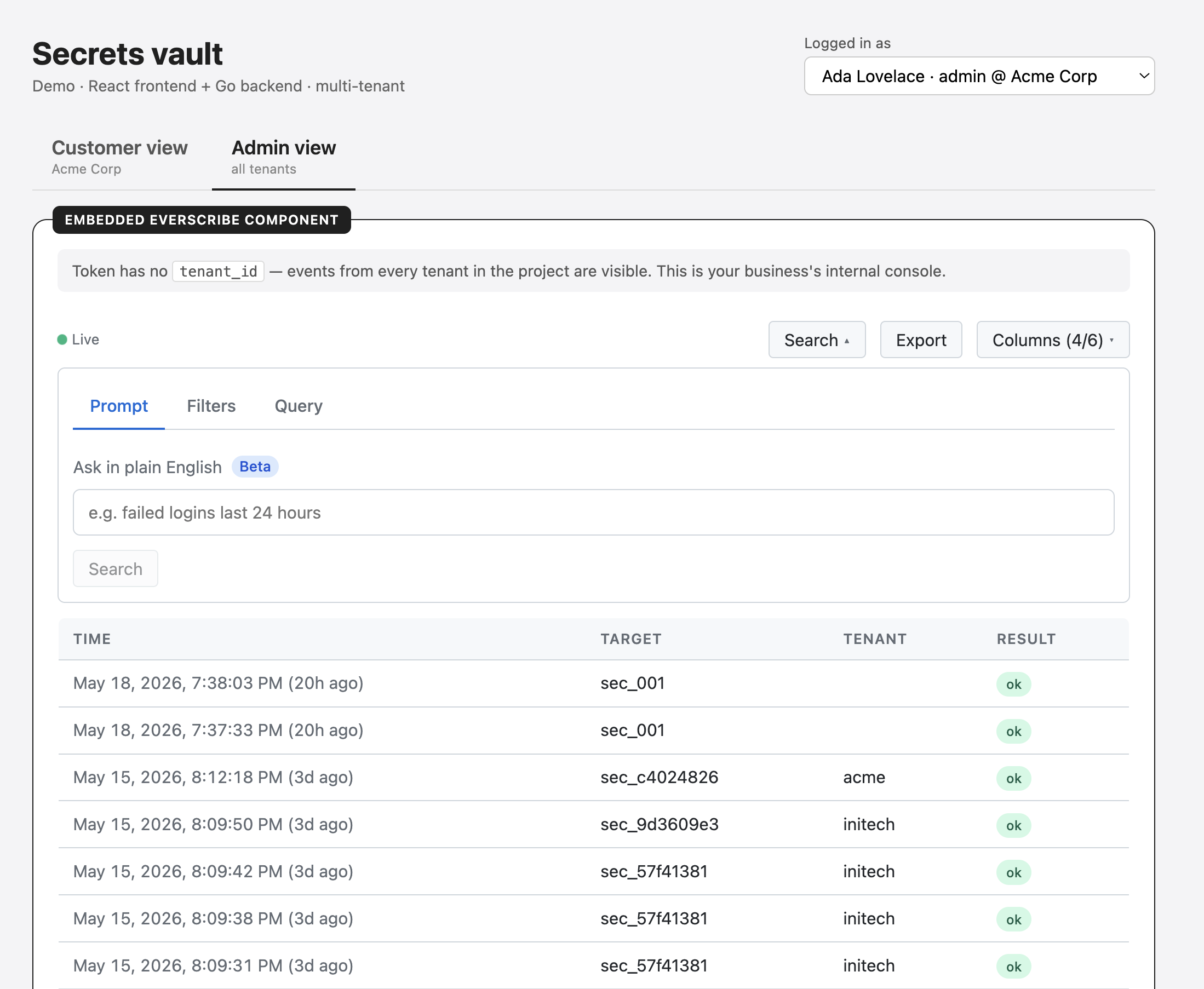 A demo app mounting the Everscribe component, multi-tenant variant. Customer view / Admin view tabs at the top, currently on Admin view showing project-wide events