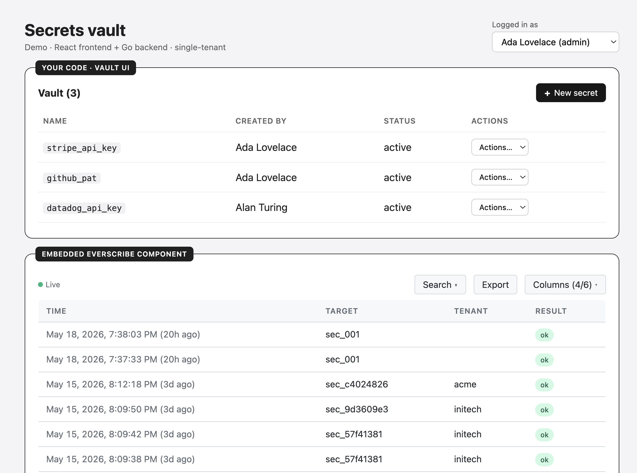 A demo app mounting the Everscribe component, single-tenant variant. One vault, one project-wide embedded events panel underneath